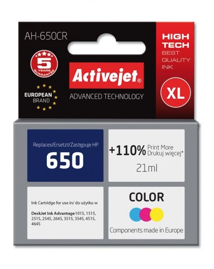 Activejet AH-650CR ink (replacement for HP 650 CZ102AE Premium 21 ml color)