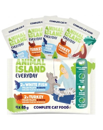 ANIMAL ISLAND Iga päev kalkunist ja valgest kalast fileed puljongis - märg kassitoit - 4 x 85g