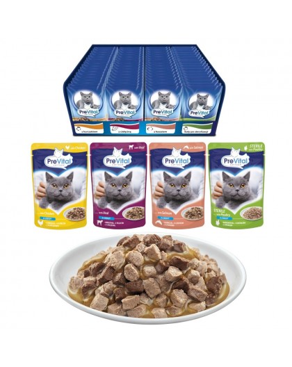 PREVITAL Cat Food Mix 4 Flavors Chicken, Veal, Salmon, Poultry – wet cat food – 96 x 100 g
