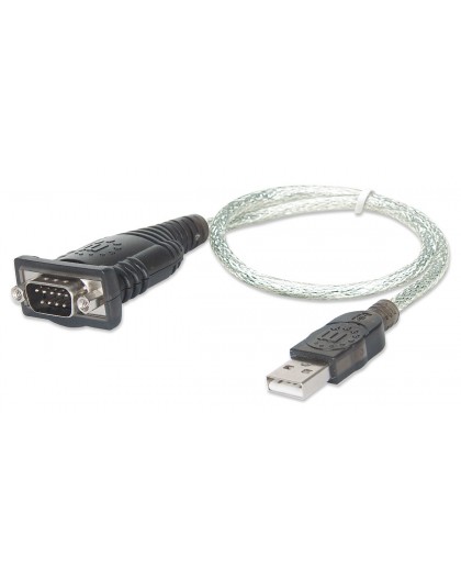 Manhattan USB-A to Serial Converter cable, 45cm, Male to Male, Serial/RS232/COM/DB9, Prolific PL-2303RA Chip, Black/Silver cable