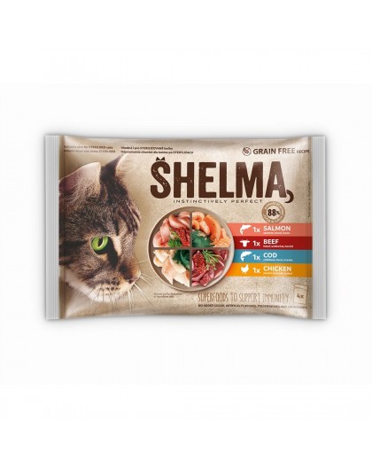SHELMA Rich in salmon, cod, beef and chicken - wet cat food - 4x85g