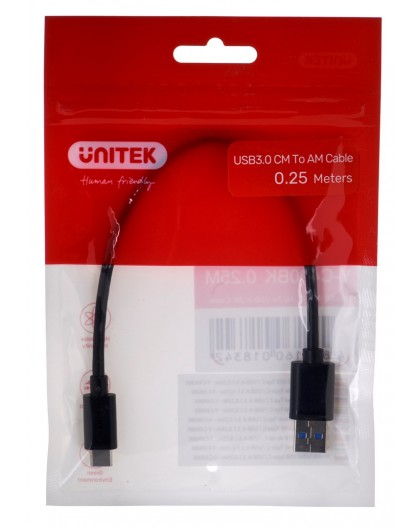 UNITEK CABLE USB-C - USB-A 3.1,M/M,0.25M, Y-C490BK
