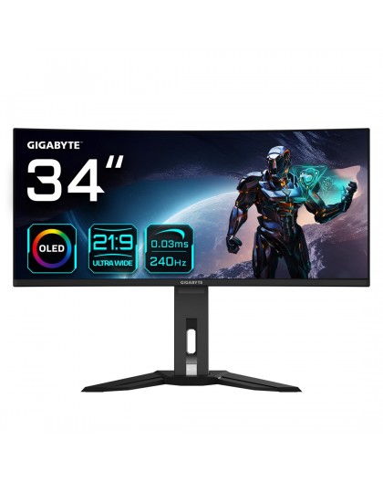 GIGABYTE MO34WQC2 34" OLED WQHD Curved Gaming Monitor - 3440 x 1440, 240Hz, 0.03ms, KVM, 250 cd/m², FreeSync Premium Pro, Displa