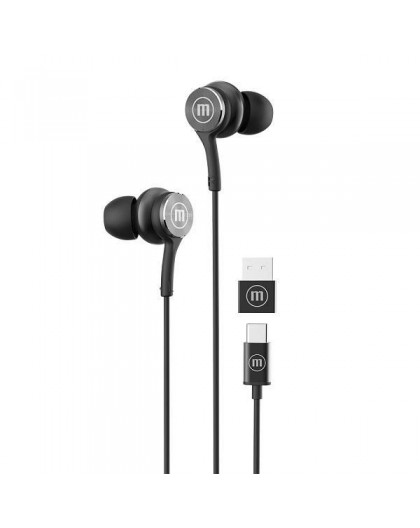 Maxell XC1 USB-C wired headphones with USB-A adapter black
