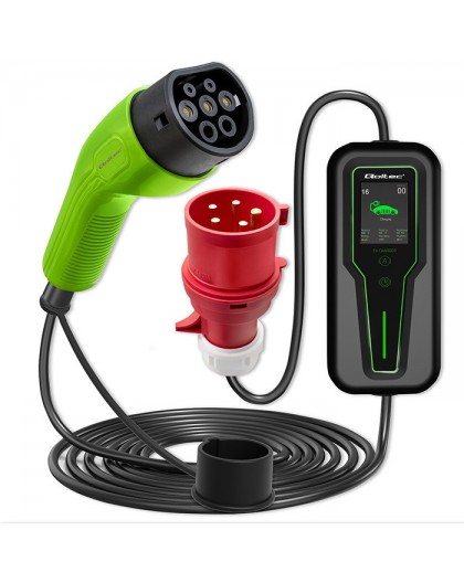 Qoltec Mobile EV Car Charger Adjustable 2in1 Type2 | 11kW | 3 Phases | CEE 5 PIN| LCD |Portable | Wallbox | 5m
