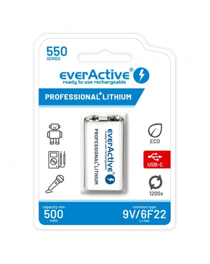 Rechargeable battery everActive 6F22/9V Li-ion 550 mAh with USB TYPE C