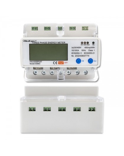 Qoltec 50883 Three phase electronic energy consumption meter for DIN rail | Wi-Fi | TUYA | 400V | LCD