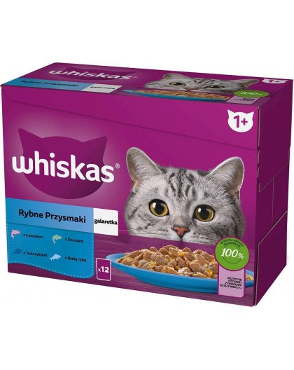 WHISKAS jelly sachets, flavours: White Fish, Cod, Salmon, Tuna - wet cat food - 12x85g