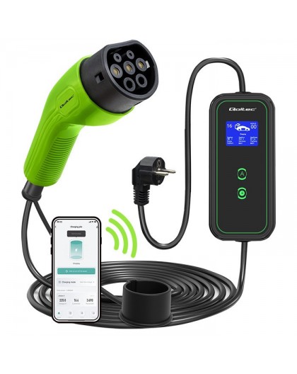 Qoltec Mobile EV Car Charger Adjustable 2in1 Type2 | 3.5kW | 230V | Wi-Fi | LCD | Portable | Wallbox | 5m