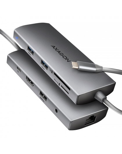 AXAGON HMC-8HLSA USB-C 3.2 Gen 1 Multiport Hub, 3x USB-A + 4K/60Hz HDMI + SD/microSD, Gigabit LAN, Audio, PD 100W - Silver