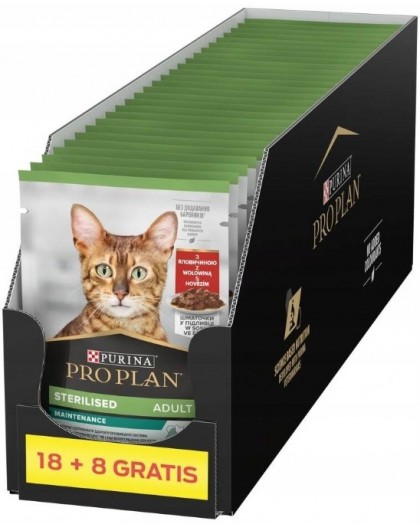 PURINA Pro Plan Sterilised Adult Maintenance Pieces with beef in sauce - wet cat food - 26x85g (18 + 8 GRATIS)