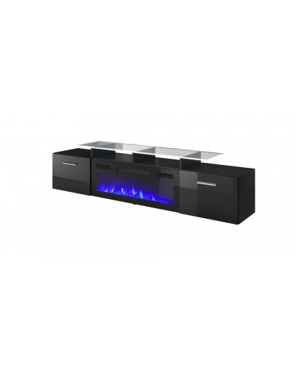 RTV cabinet ROVA with electric fireplace 190x37x48 cm black/black gloss