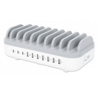 Manhattan Charging Station, 10x Ports: 3x USB-C (up to 18W PD) and 7x USB-A (up to 12W), 120W Total Output, White/Grey, Three Ye