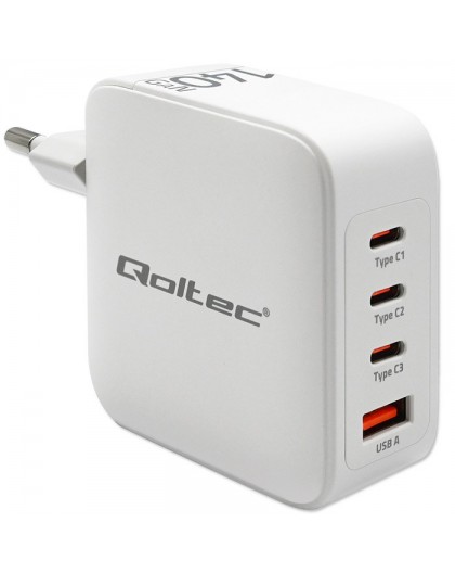Qoltec 140W GaN Wall Charger | 5-20V | 2.5-5A | 3 x USB-C PD | 1 x USB QC 3.0 | White