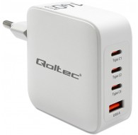 Qoltec 140W GaN Wall Charger | 5-20V | 2.5-5A | 3 x USB-C PD | 1 x USB QC 3.0 | White
