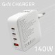 Qoltec 140W GaN Wall Charger | 5-20V | 2.5-5A | 3 x USB-C PD | 1 x USB QC 3.0 | White
