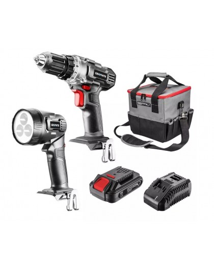 Graphite cordless tool set drill/driver, flashlight, bag, Energy+ 18V battery and charger