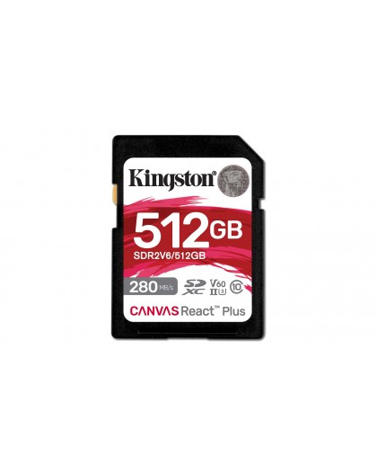 Kingston Technology 512GB Canvas React Plus SDXC UHS-II 280R/150W U3 V60 Full HD/4K jaoks
