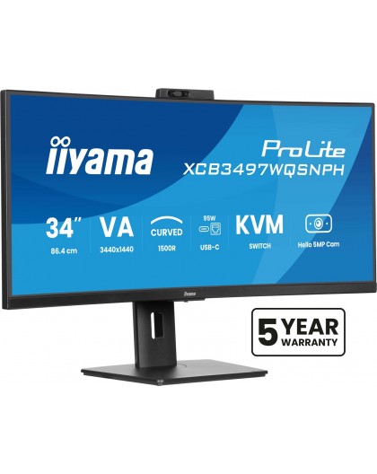 iiyama ProLite 34’’ VA UWQHD curved monitor with a built-in Windows Hello camera and microphone, USB-C Dock, LAN, KVM-Switch and
