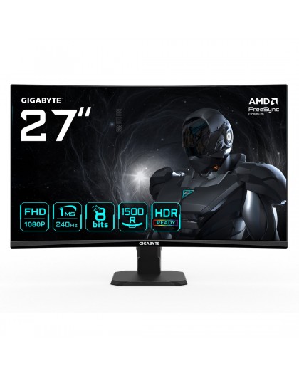 GIGABYTE GS27FC2 27" FHD Curved Gaming Monitor - 1920 x 1080, 240Hz, 1, 350 cd/m², HDR Ready, HDMI 2.0, Displayport 1.4