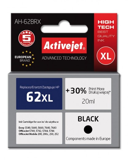 Activejet AH-62BRX ink (replacement for HP 62XL C2P05AE Premium 20 ml black)
