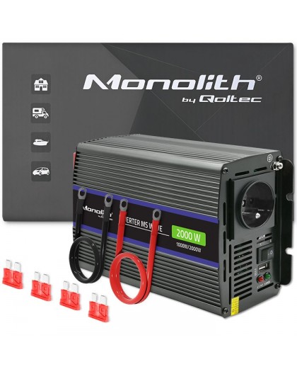 Qoltec Monolith 2000 MS Wave Voltage Converter | 12V to 230V | 1000/2000W | USB