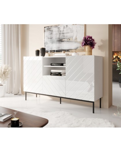 ABETO chest of drawers on black steel frame 150x42x90 white/gloss white