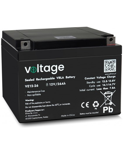 AGM Battery Voltage 12V 26Ah VE12-26 (Lifespan 6-9 years)