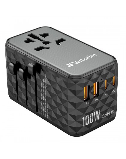 Verbatim UTA-06 100W GaN III Universal Travel Adapter with 2 x USB-C PD & QC 4+ & 2 x USB-A QC 3.0 ports