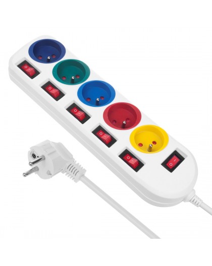 Maclean power strip, 5 socket extension cable, with switches, 250VAC/10A, 1.5m, MCE204 M/W