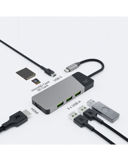 GREEN CELL HUB USB-C ADAPTER GC CONNECT 7W1 (3XUSB 3.1, HDMI 4K 60HZ, USB-C PD 85W, MICROSD/SD)