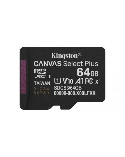 Kingston Technology 64GB micSDXC Canvas Select Plus Gen3 100R A1 Single Pack w/o ADP