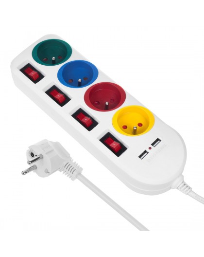 Maclean power strip, extender 4 sockets + 2xUSB, with switches, 250VAC/10A, 2.1A 5V, 1.5m, white, MCE229 W