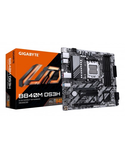 GIGABYTE B840M DS3H Motherboard - AMD Ryzen 9000 CPUs, 8+2+2 Phases VRM, up to 8200MHz DDR5, 2xPCIe 4.0 M.2, 2.5GbE LAN, USB 3.2