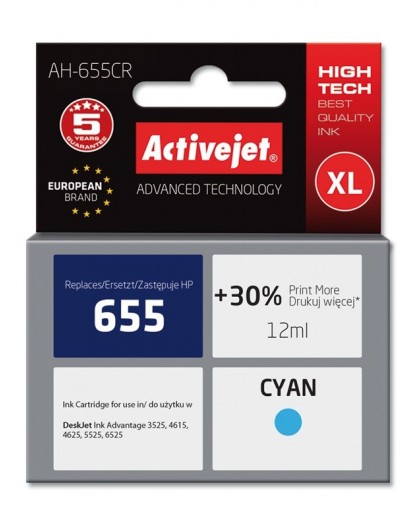 Activejet AH-655CR Ink (replacement for HP 655 CZ110AE Premium 12 ml cyan)