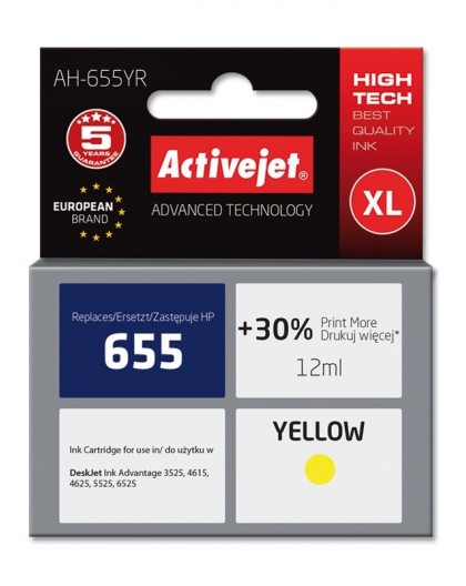 Activejet AH-655YR Ink (replacement for HP 655 CZ112AE Premium 12 ml yellow)