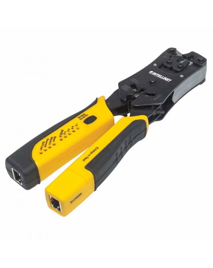 Intellinet Universal Modular Plug Crimping Tool and Cable Tester, 2-in-1 Crimper and Cable Tester: Cuts, Strips, Terminates and 