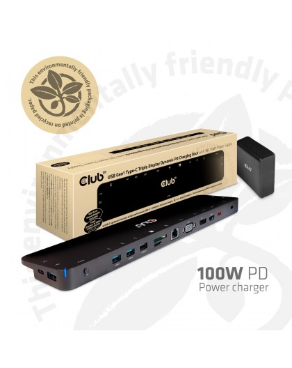 CLUB3D USB Type C 3.2 Gen1 док-станция с тройным дисплеем, динамическая зарядка PD, зарядное устройство мощностью 100W PD