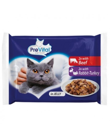 PREVITAL Beef and rabbit with turkey in jelly – wet cat food – 4 x 100g