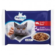 PREVITAL Beef and rabbit with turkey in jelly – wet cat food – 4 x 100g