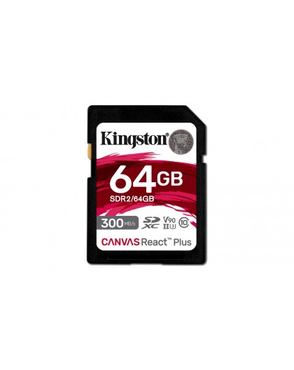 Kingston Technology 64GB Canvas React Plus SDXC UHS-II 300R/260W U3 V90 for Full HD/4K/8K