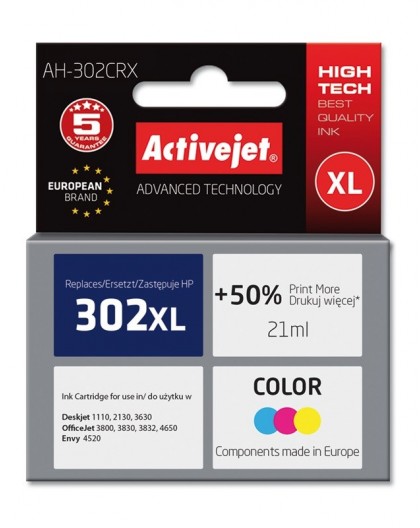 Activejet AH-302CRX Ink (replacement for HP 302XL F6U67AE Premium 21 ml 500 pages, color)