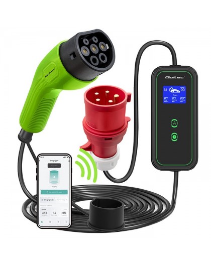 Qoltec Mobile EV Car Charger Adjustable 2in1 Type2 | 7kW | 230V | CEE 3 PIN | Wi-fi| LCD | Portable | Wallbox | 5m