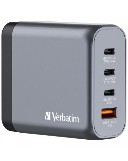 Verbatim GNC-140 GaN Charger 140W with 2 x USB-C PD 140W / 1 x USB-C PD 20W / 1 x USB-A QC 3.0 (EU/UK/US)