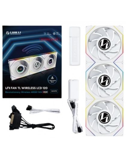 Lian Li UNI FAN TL Wireless LCD Fan, ARGB, PWM, 3-pack incl. Controller - Reverse Blade, 120 mm, white