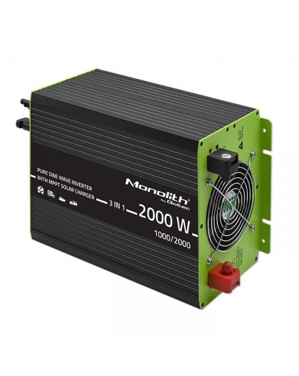 Qoltec Monolith 3-in-1 Solar Inverter with AC Charging | MPPT | UPS | ATS | 1000W | 2000W | 12V to 230V | Pure Sine