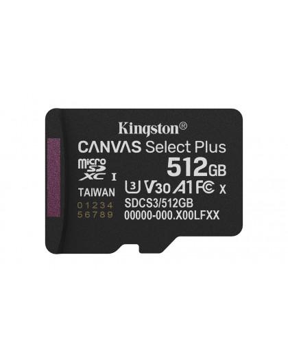 Kingston Technology 512GB microSDXC Canvas Select Plus Gen3 150MB/s A1 Card + Adapter