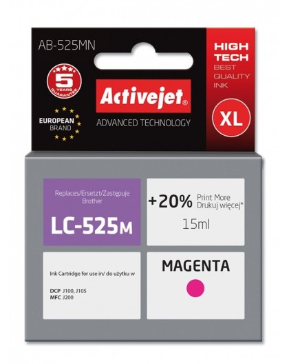 Activejet AB-525MN ink (replacement for Brother LC525M Supreme 15 ml magenta). Prints 20% more than OEM.